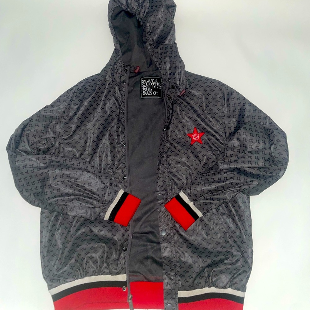 “Play Clothe”s Gray Hooded Jacket with Red Accents